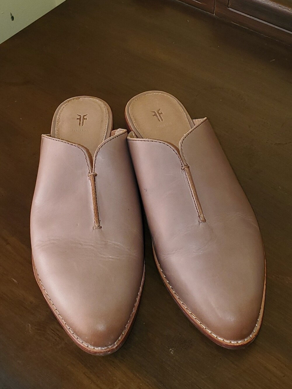 Frye Taupe Leather Slip-On Mules - Picture 2 of 7